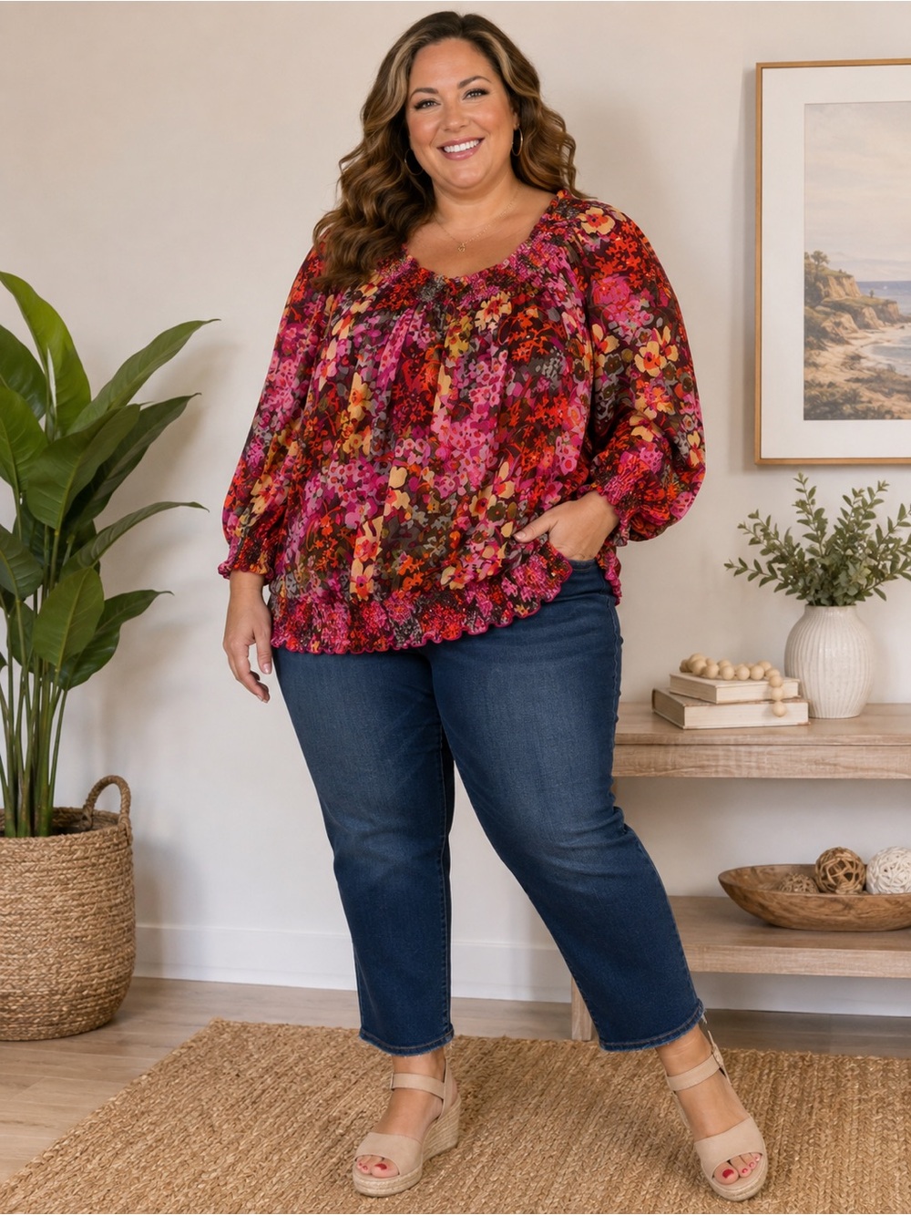 Avenue Womens 22/24 Floral Boho Blouse Multicolor Smocked Neck Long Sleeve Plus